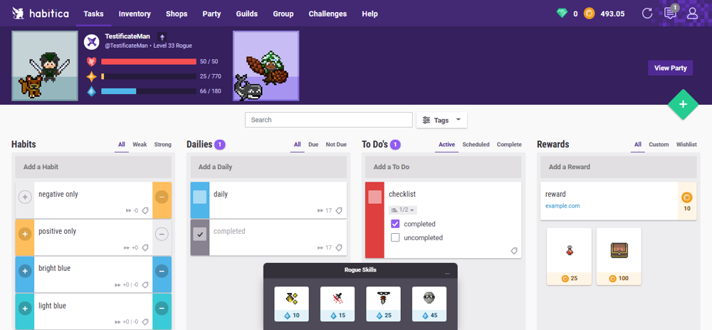 Habitica tasks screen