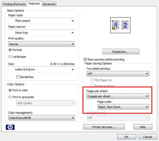 Print Settings 2 pages per sheet.